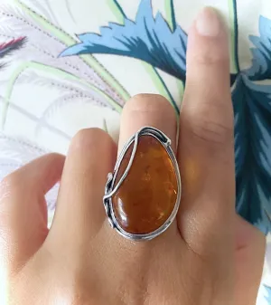 Sterling Silver & Natural Amber Ring with Art Nouveau Style Setting