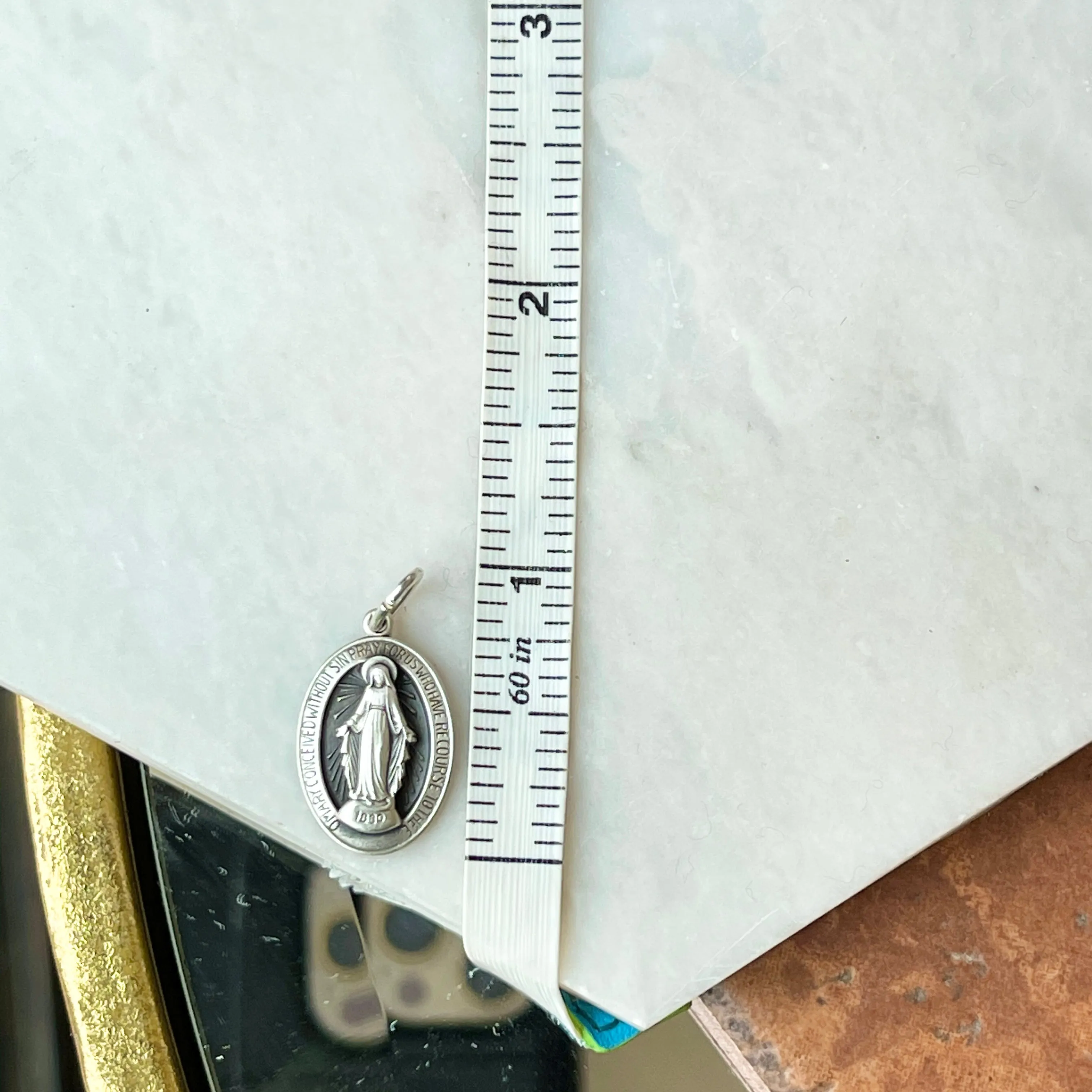 Sterling Silver Antiqued Miraculous Medal Oval Pendant 25mm