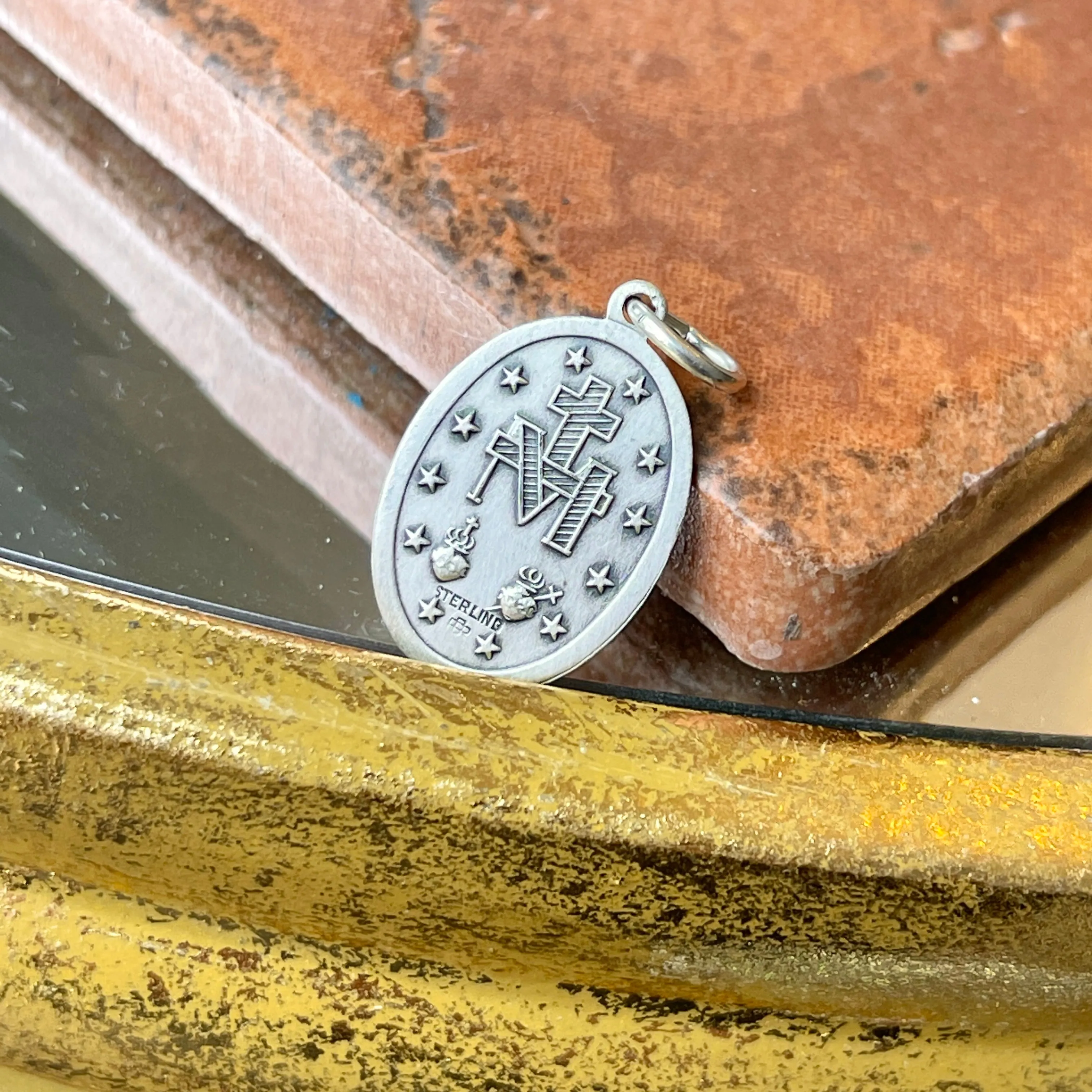 Sterling Silver Antiqued Miraculous Medal Oval Pendant 25mm