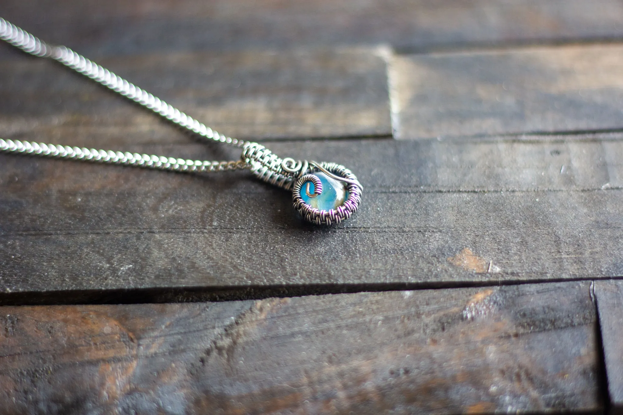 Sterling Silver Mini Pendant with Blue and Amber Fused Glass Accent