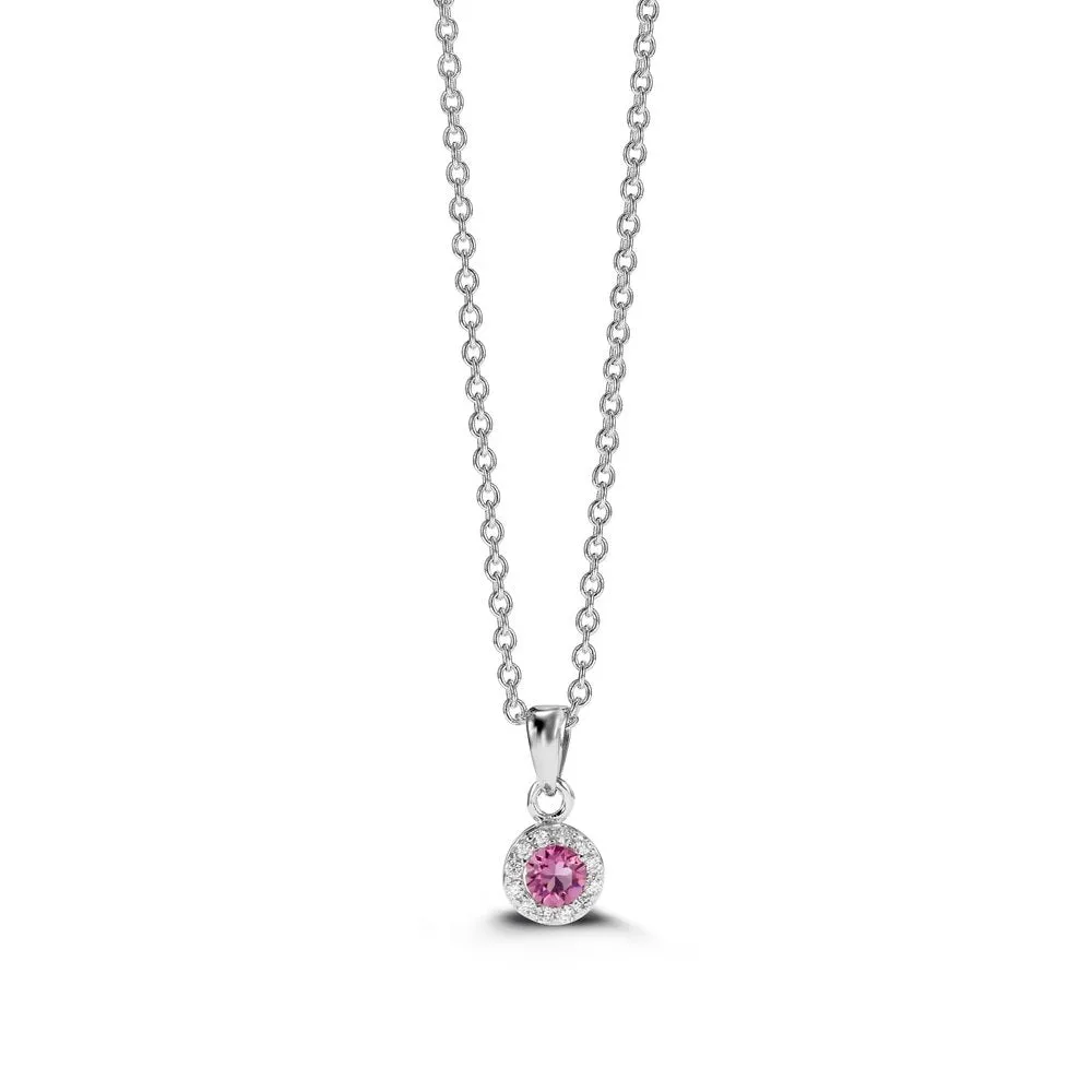 Sterling Silver Rhodium Plated Halo CZ October Birthstone Necklace