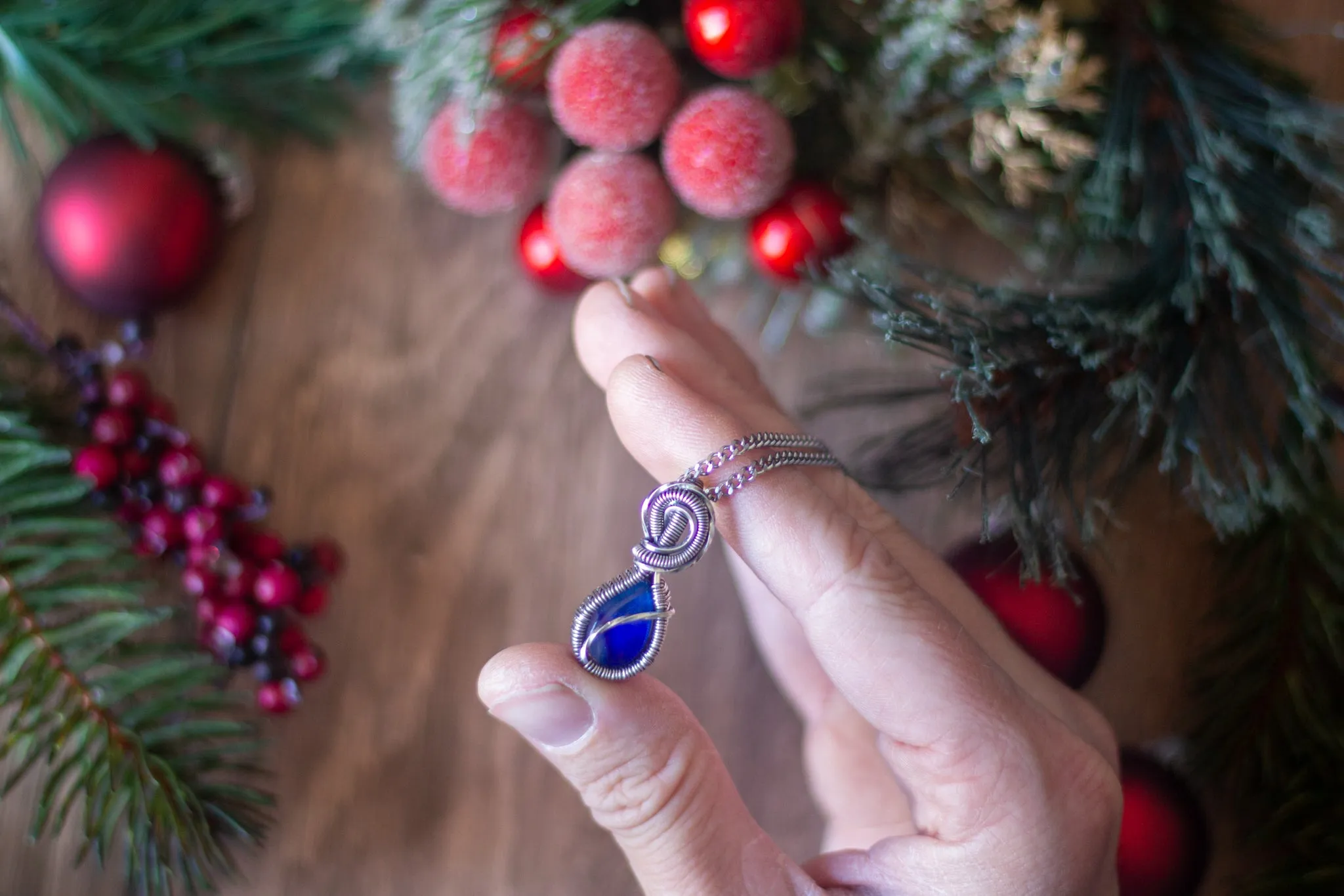 Sterling Silver Teardrop Pendant with Deep Blue Fused Glass