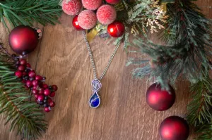 Sterling Silver Teardrop Pendant with Deep Blue Fused Glass