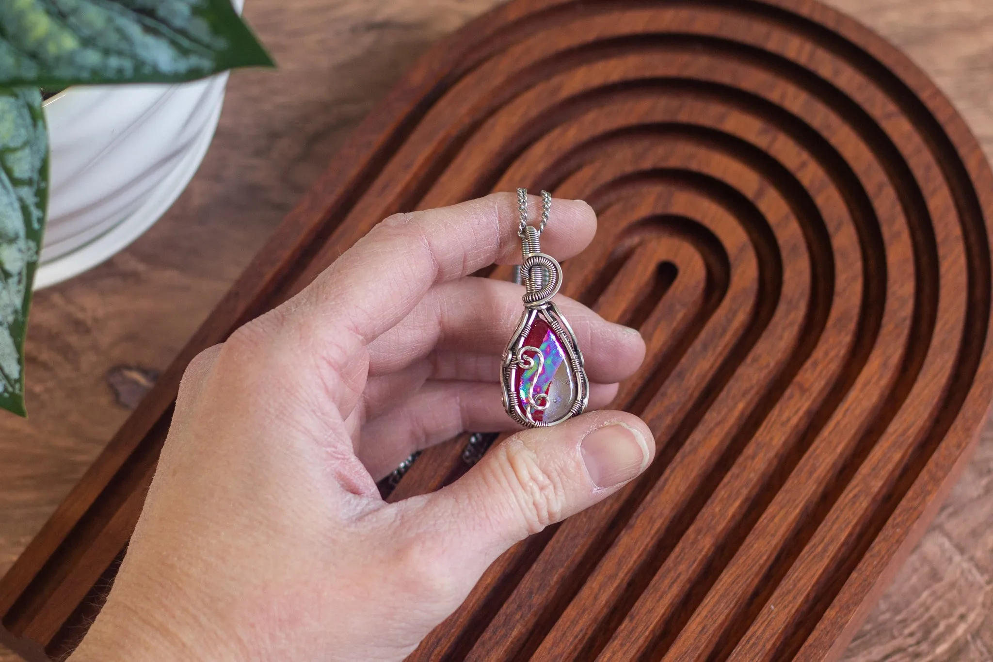 Sterling Silver Teardrop Pendant with Dichroic Red and White Fused Glass