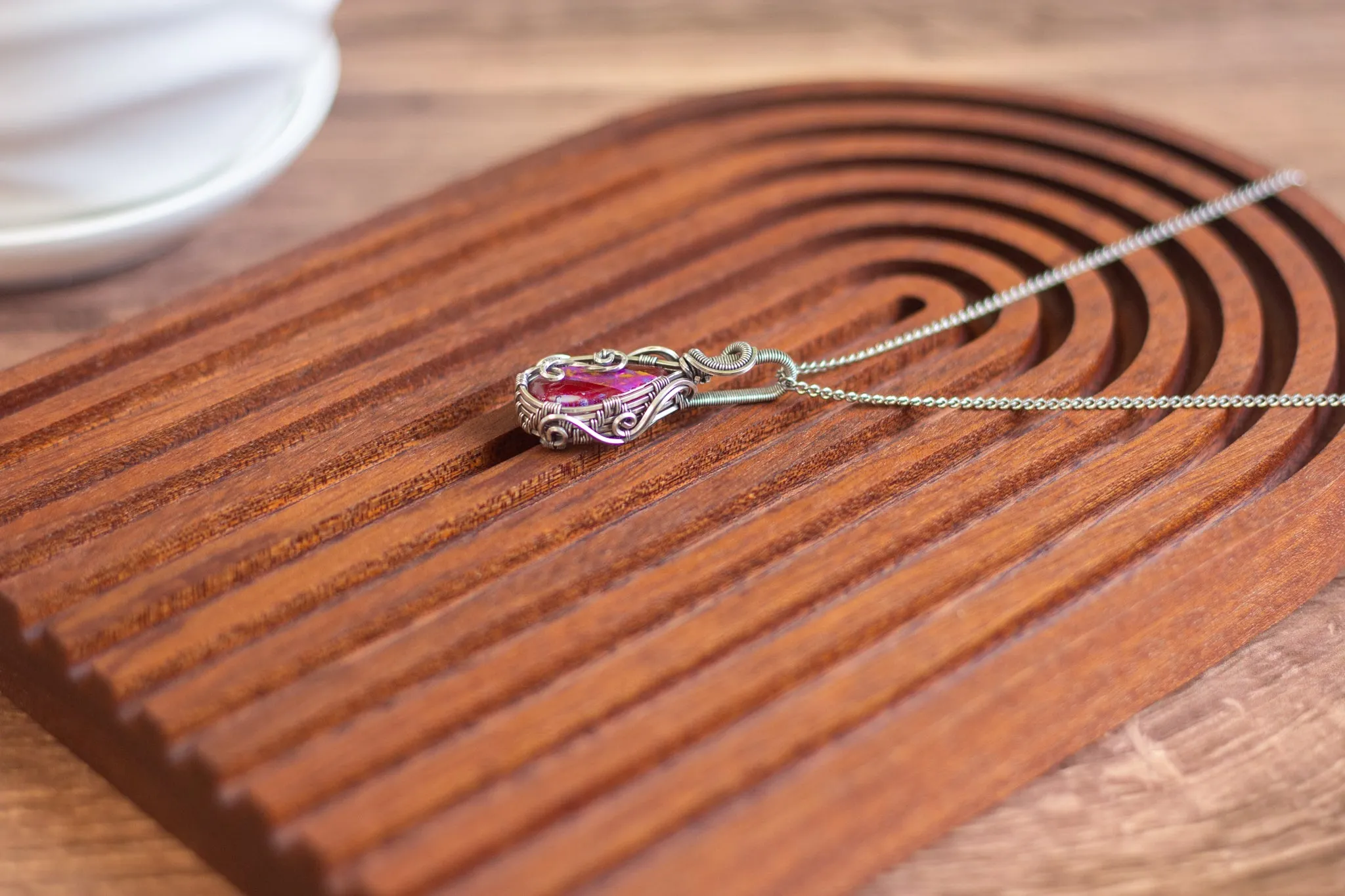 Sterling Silver Teardrop Pendant with Dichroic Red and White Fused Glass