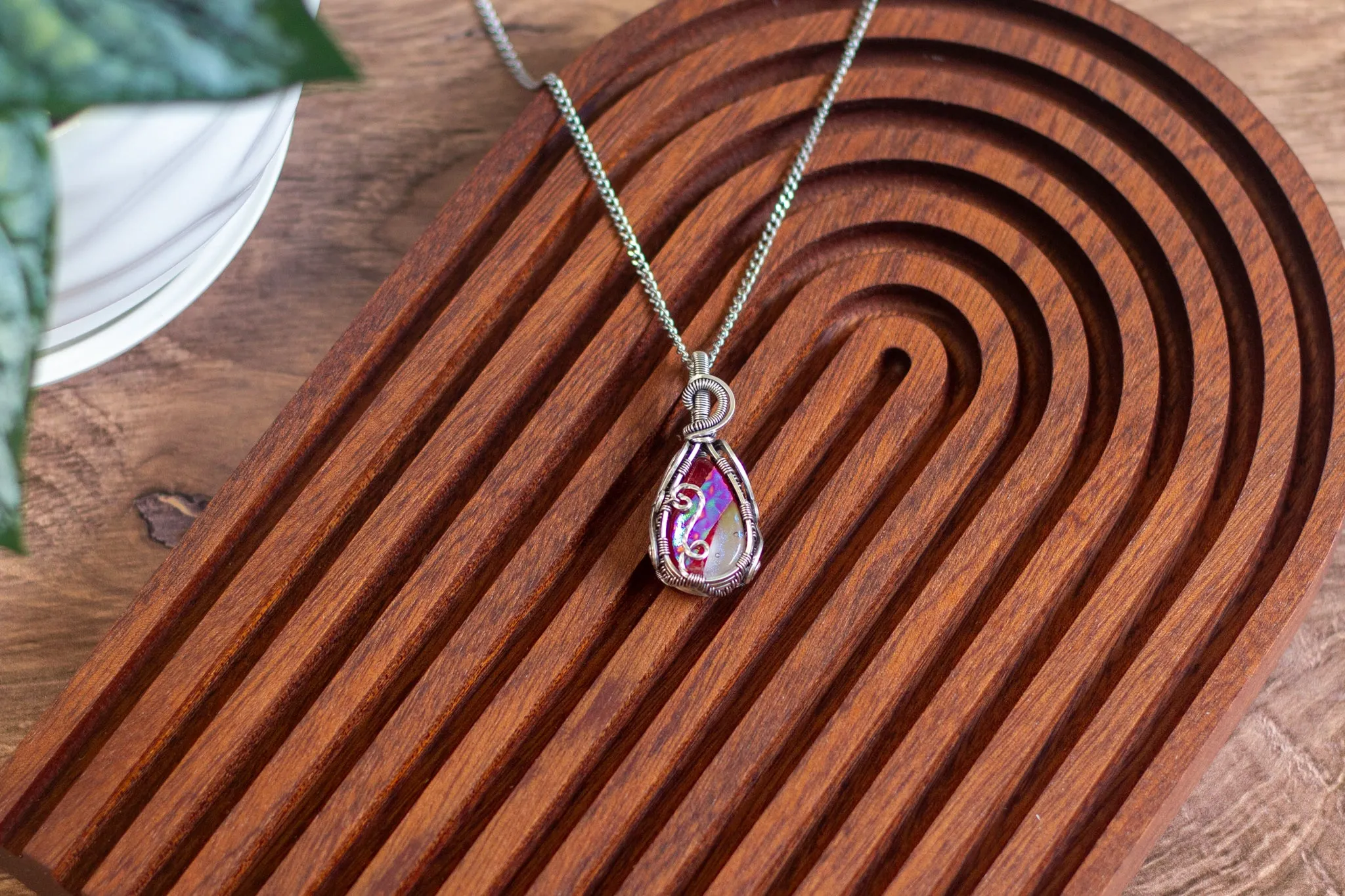 Sterling Silver Teardrop Pendant with Dichroic Red and White Fused Glass
