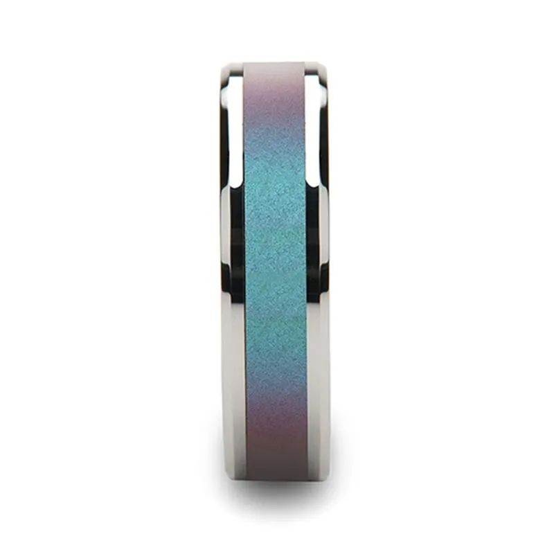STINGRAY | Silver Tungsten Ring, Blue Purple Color Changing Inlay, Beveled