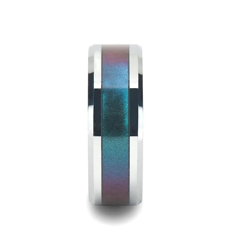 STINGRAY | Silver Tungsten Ring, Blue Purple Color Changing Inlay, Beveled