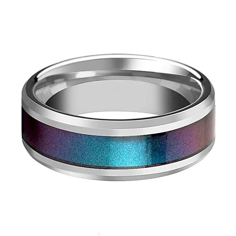 STINGRAY | Silver Tungsten Ring, Blue Purple Color Changing Inlay, Beveled