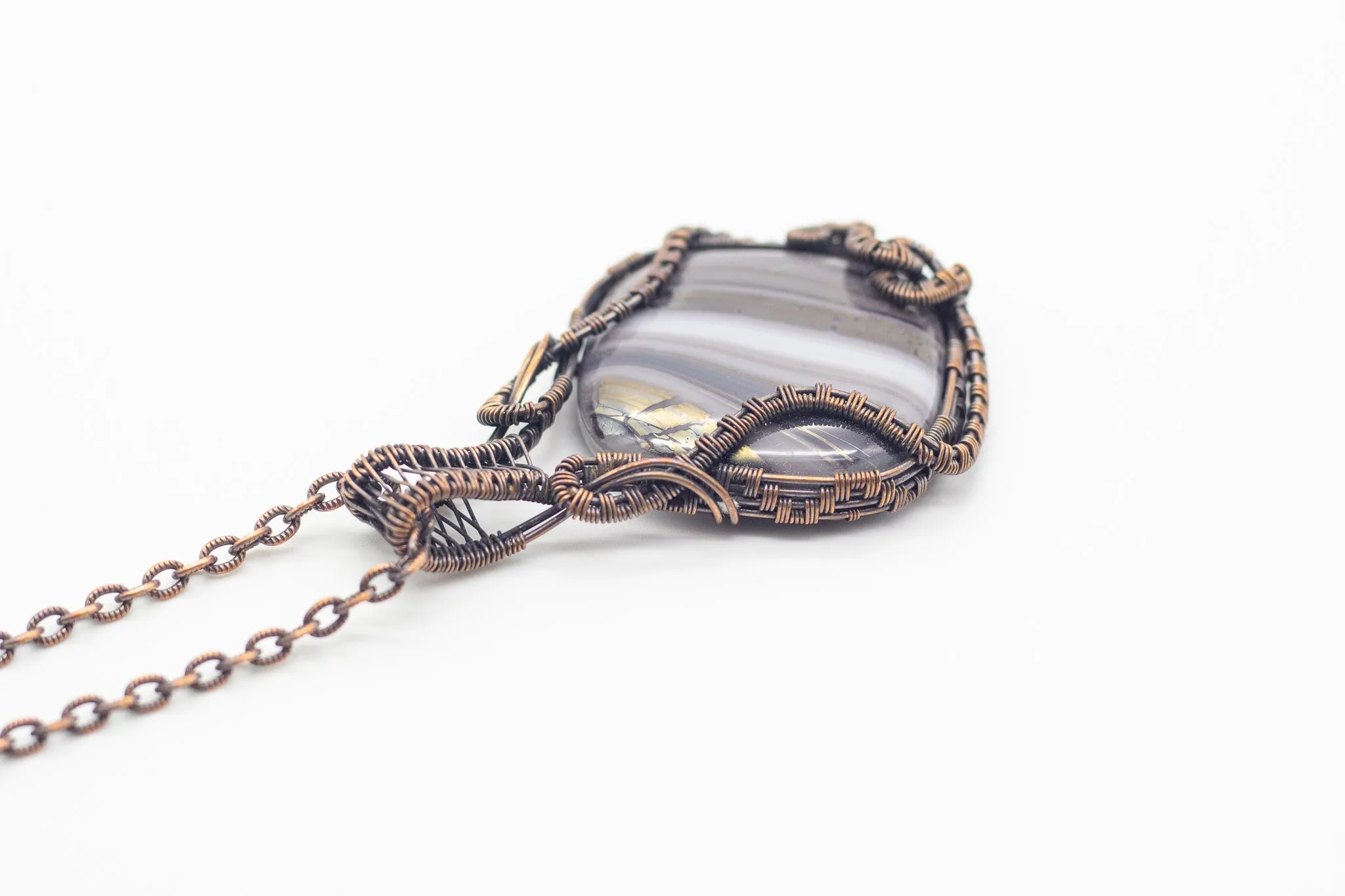 Streaked Grey Dichroic Fused Glass Pendant with Copper Wire Wrapping