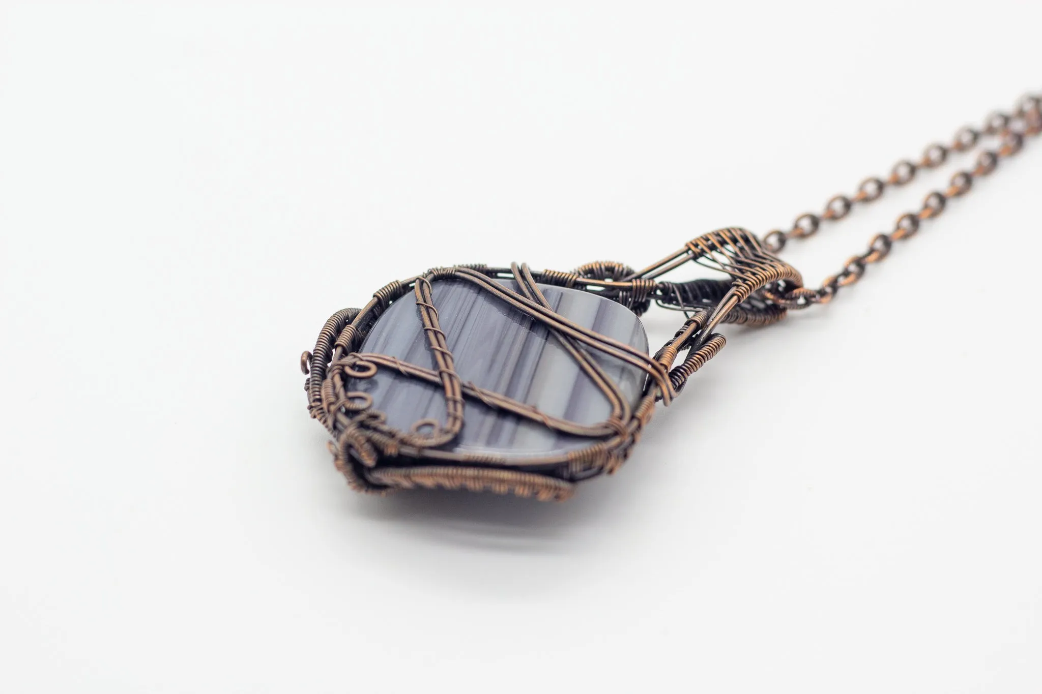 Streaked Grey Dichroic Fused Glass Pendant with Copper Wire Wrapping