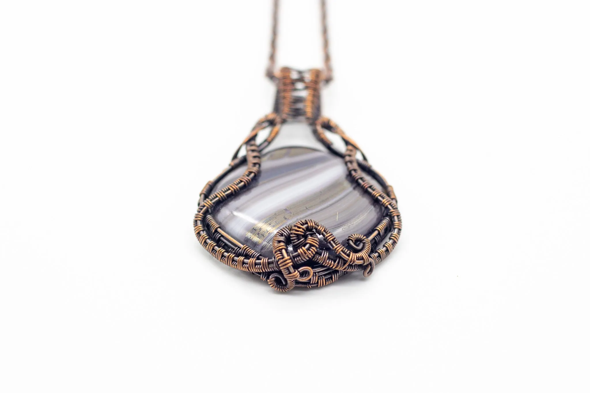 Streaked Grey Dichroic Fused Glass Pendant with Copper Wire Wrapping