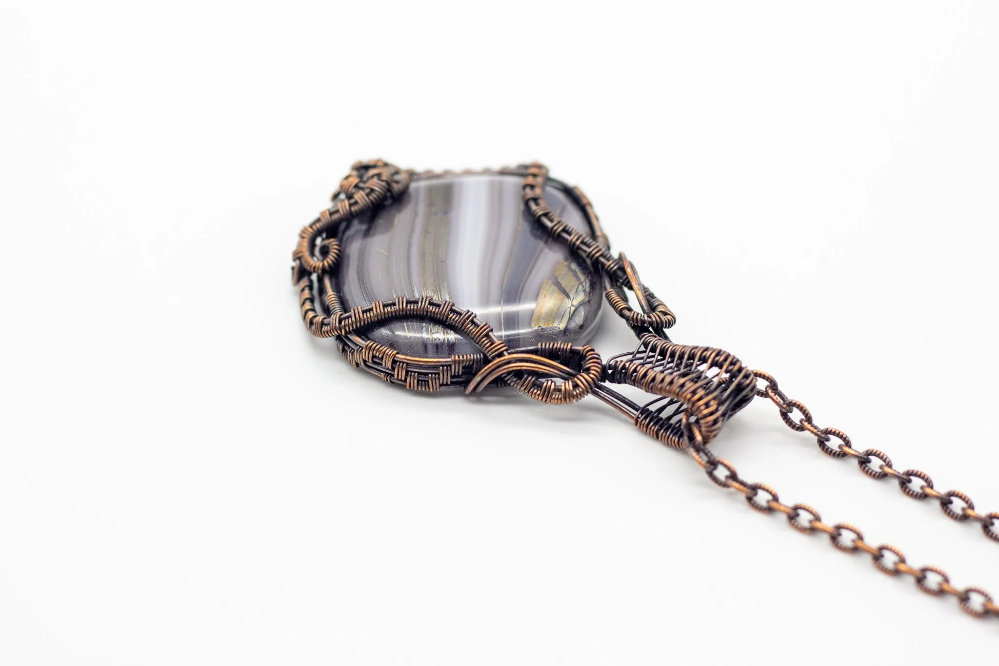 Streaked Grey Dichroic Fused Glass Pendant with Copper Wire Wrapping
