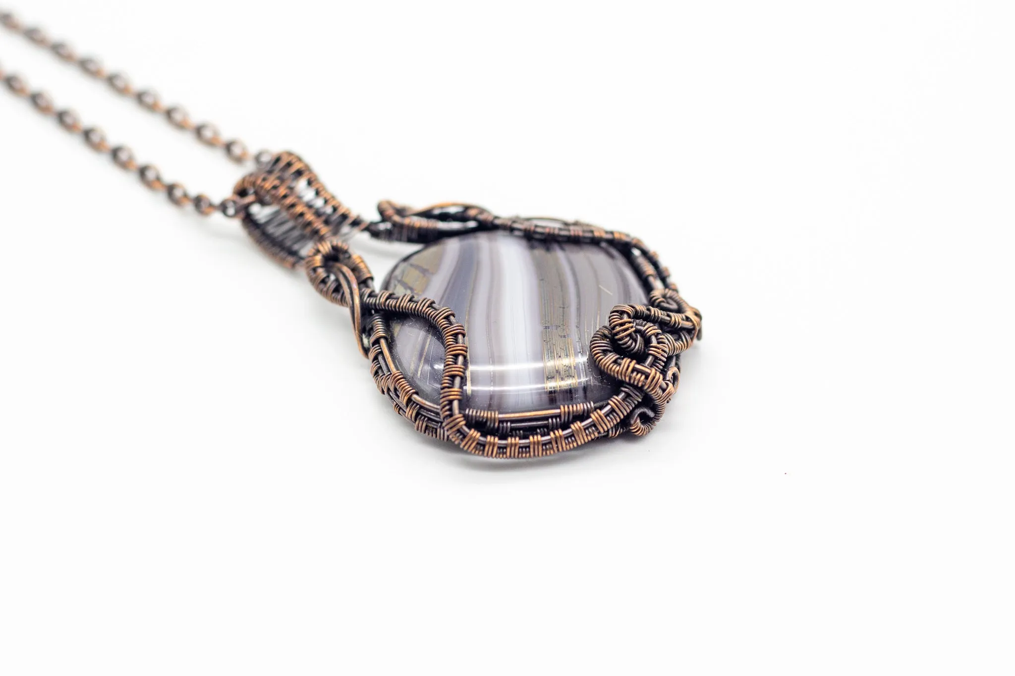Streaked Grey Dichroic Fused Glass Pendant with Copper Wire Wrapping
