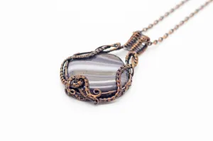 Streaked Grey Dichroic Fused Glass Pendant with Copper Wire Wrapping