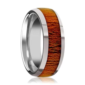 SWIETENIA | Silver Tungsten Ring, Mahogany Wood Inlay, Domed