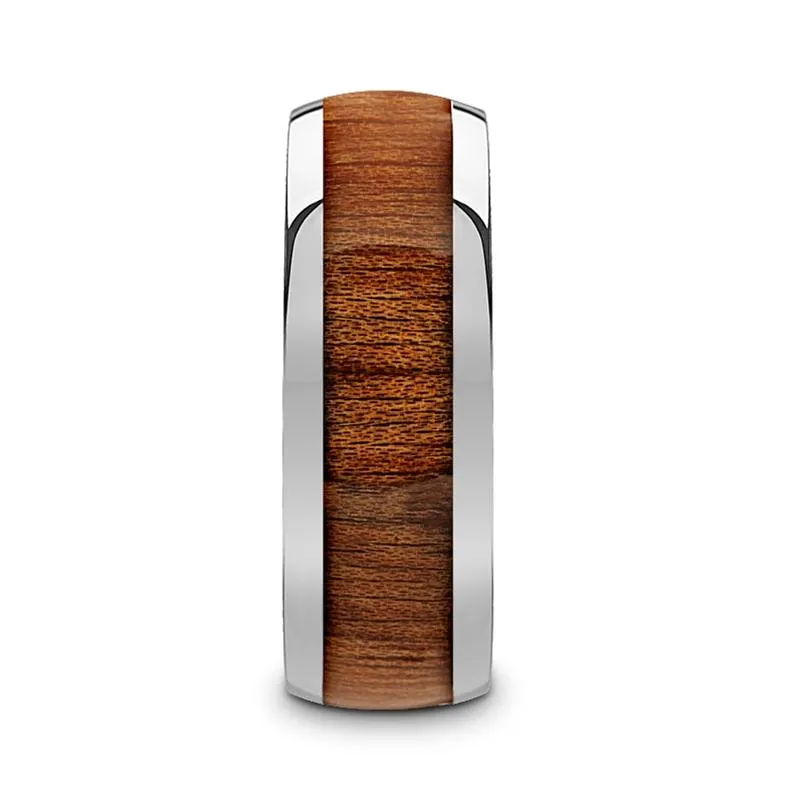 SWIETENIA | Silver Tungsten Ring, Mahogany Wood Inlay, Domed