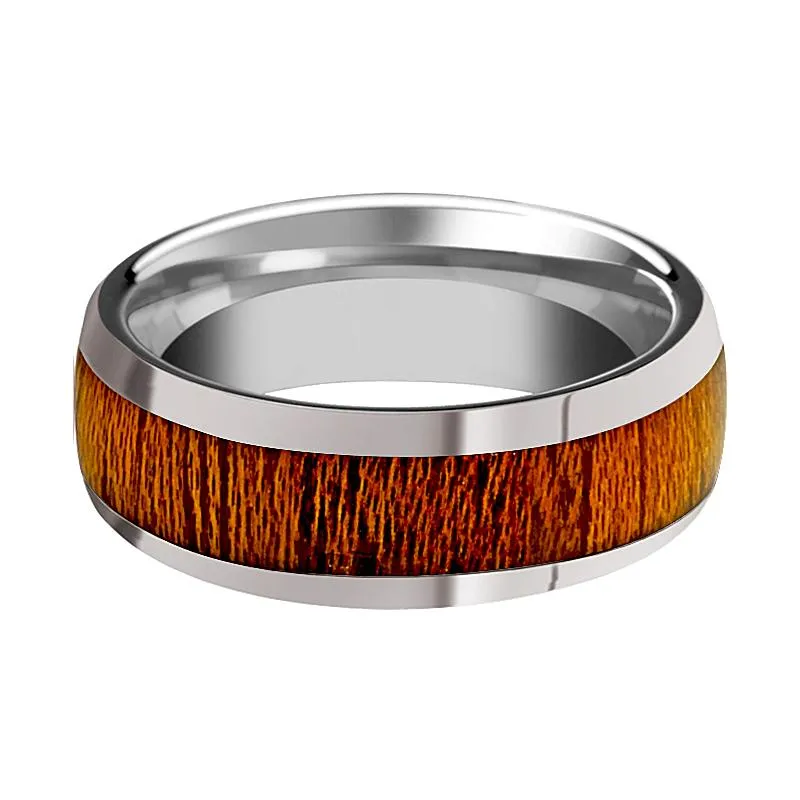 SWIETENIA | Silver Tungsten Ring, Mahogany Wood Inlay, Domed