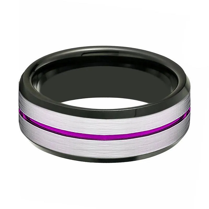 SWOOSH | Black Ring, Silver Brushed Purple Groove Black Beveled