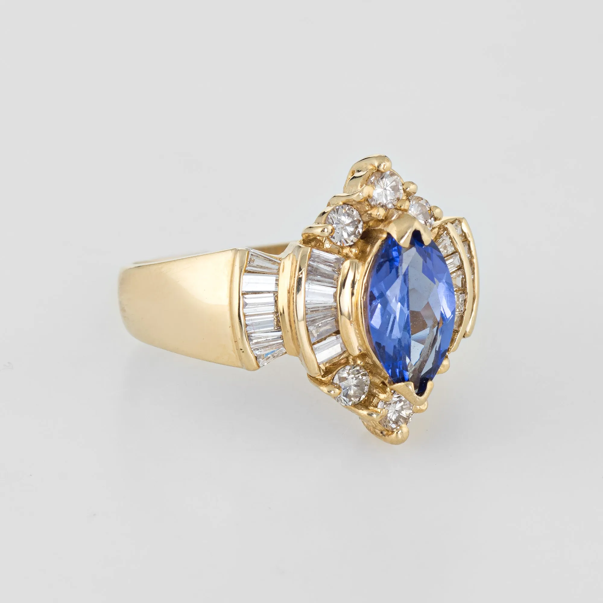 Tanzanite Diamond Ring Vintage Marquise Shape 14k Yellow Gold Estate Jewelry