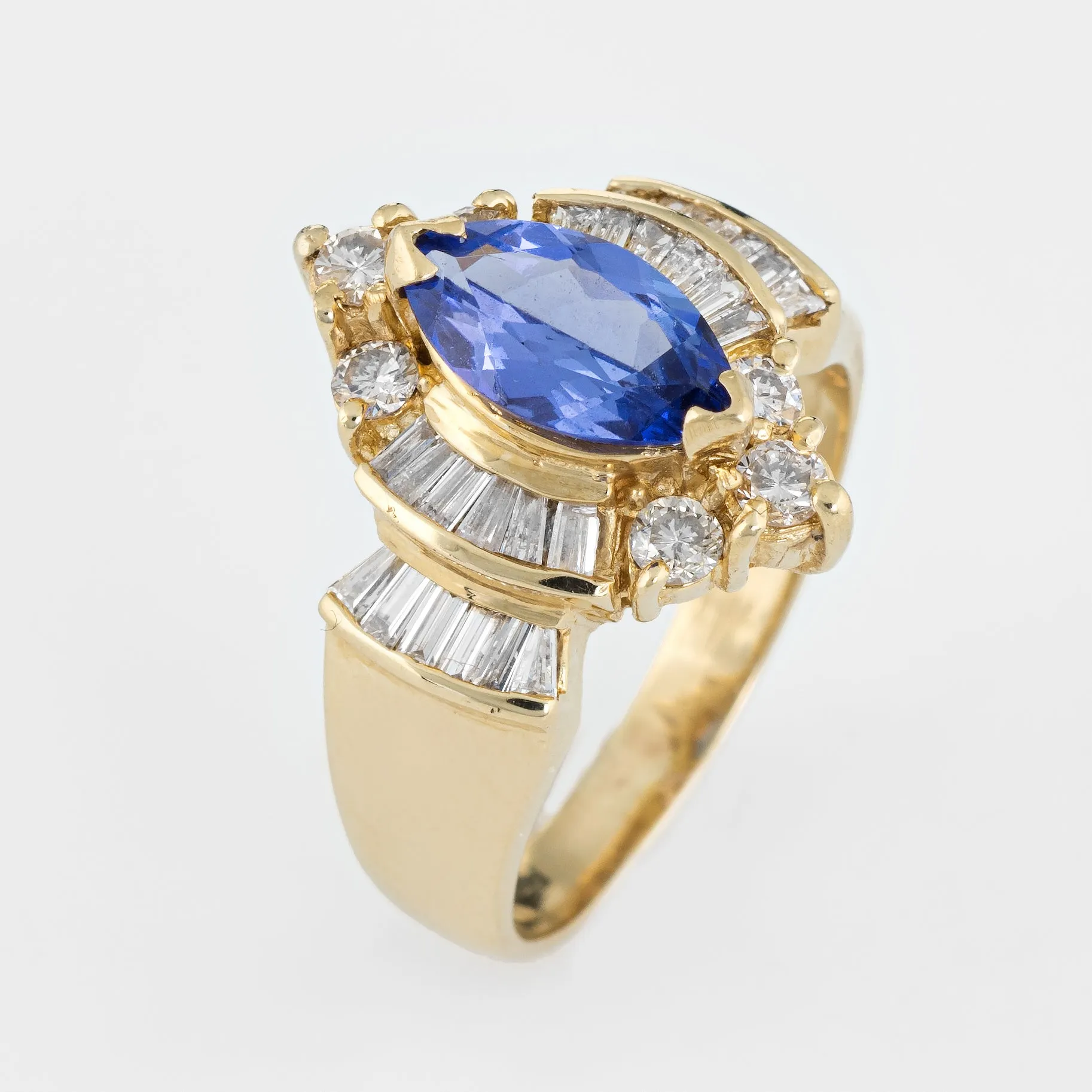 Tanzanite Diamond Ring Vintage Marquise Shape 14k Yellow Gold Estate Jewelry