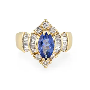 Tanzanite Diamond Ring Vintage Marquise Shape 14k Yellow Gold Estate Jewelry