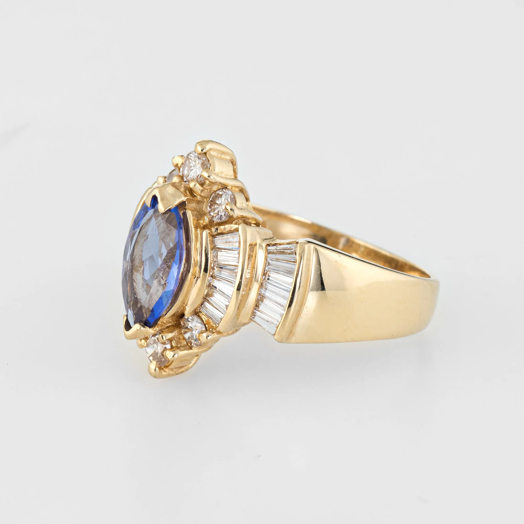 Tanzanite Diamond Ring Vintage Marquise Shape 14k Yellow Gold Estate Jewelry