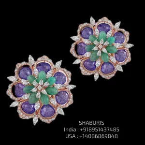 Tanzanite Studs - Diamond Studs - Cocktail Jewelry - 925 silver Jewelry , South Indian Jewelry,bridal choker,Indian Wedding Jewelry,pure Silver indian jewelry - SHABURIS