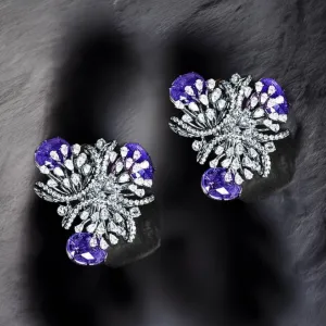 Tanzanite Studs - Diamond Studs - Cocktail Jewelry - 925 silver Jewelry , South Indian Jewelry,bridal choker,Indian Wedding Jewelry,pure Silver indian jewelry - SHABURIS