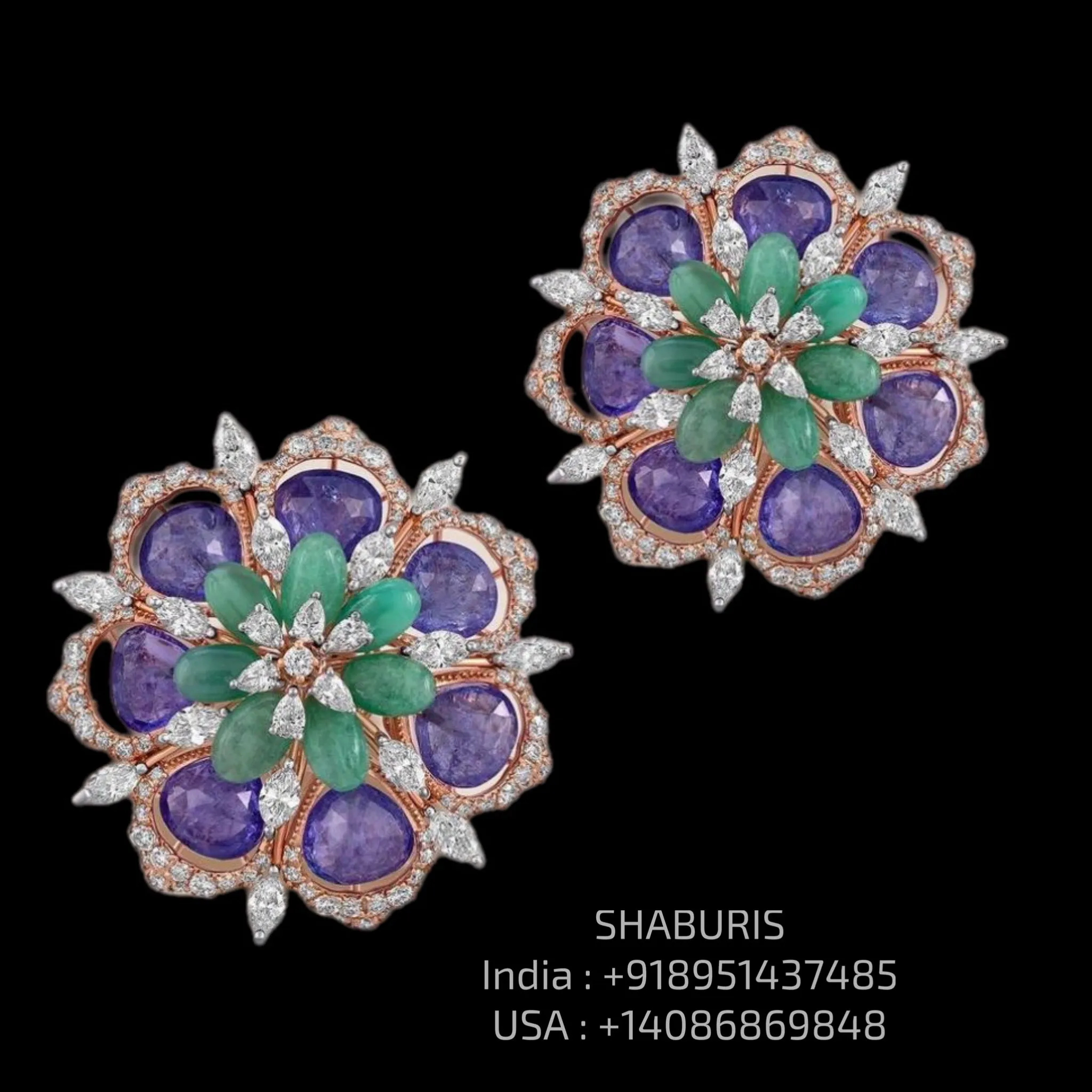 Tanzanite Studs - Diamond Studs - Cocktail Jewelry - 925 silver Jewelry , South Indian Jewelry,bridal choker,Indian Wedding Jewelry,pure Silver indian jewelry - SHABURIS