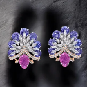 Tanzanite Studs - Diamond Studs - Cocktail Jewelry - 925 silver Jewelry , South Indian Jewelry,bridal choker,Indian Wedding Jewelry,pure Silver indian jewelry - SHABURIS