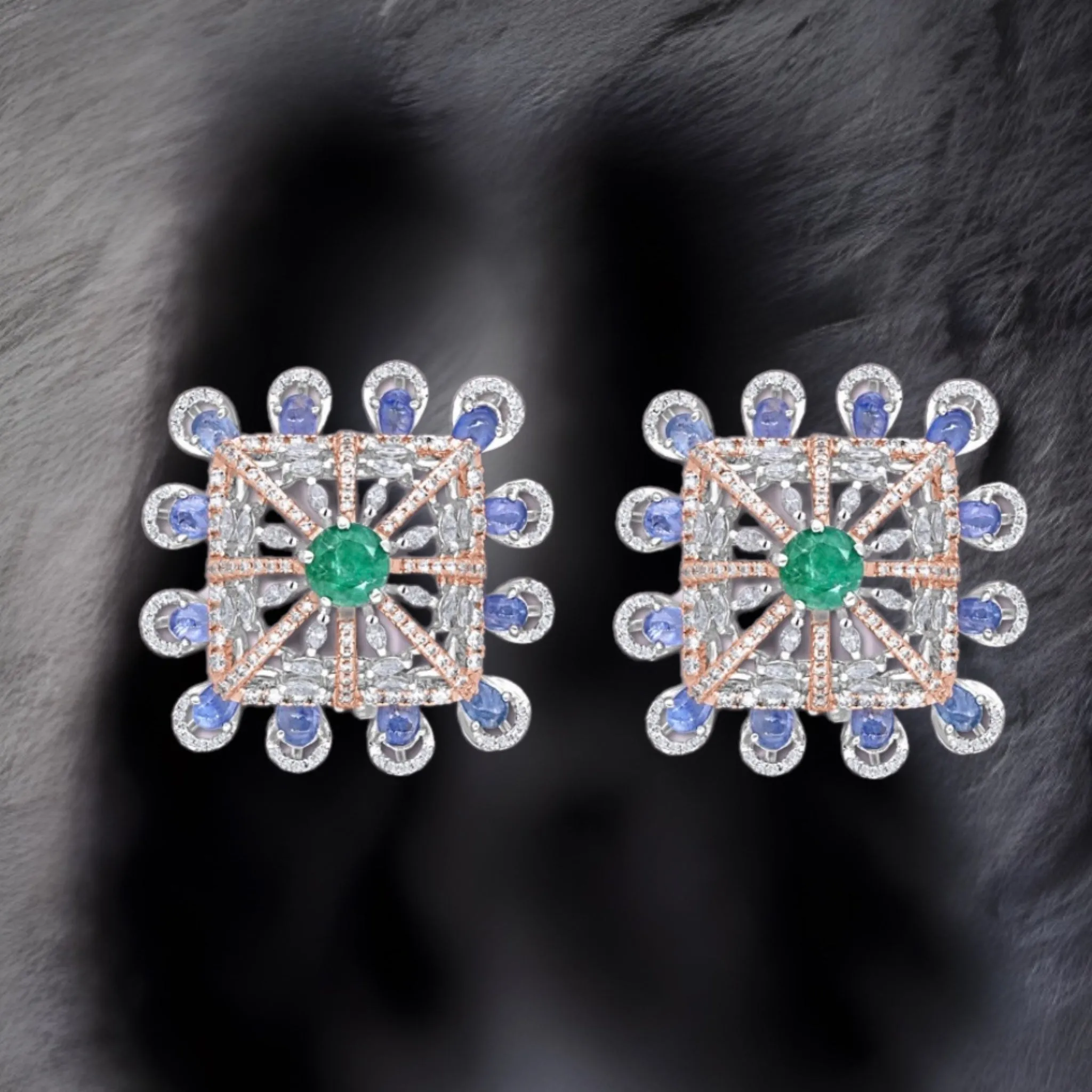 Tanzanite Studs - Diamond Studs - Cocktail Jewelry - 925 silver Jewelry , South Indian Jewelry,bridal choker,Indian Wedding Jewelry,pure Silver indian jewelry - SHABURIS