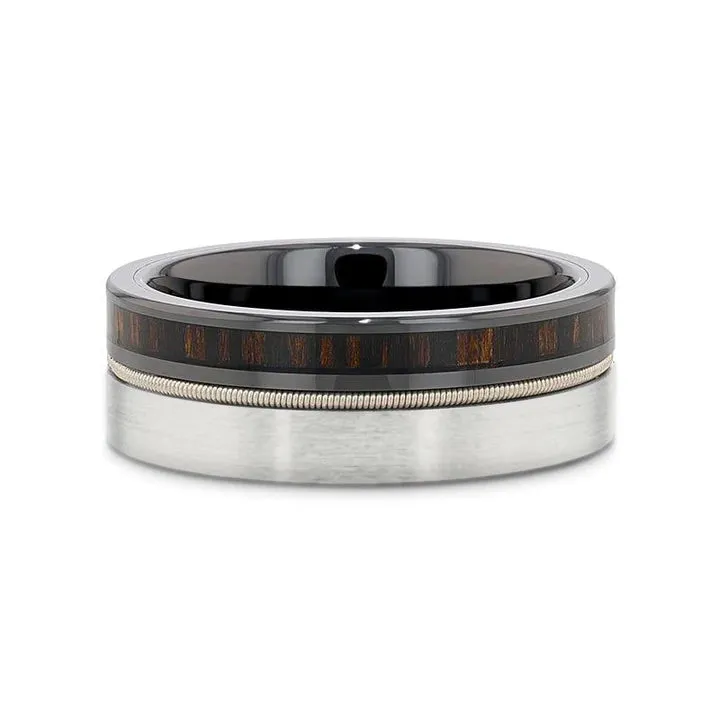 Thorsten SLATE Tungsten & Black Ceramic Hybrid Ring with Steel Guitar String Ebony Wood and a Black Ceramic Interior - 8mm