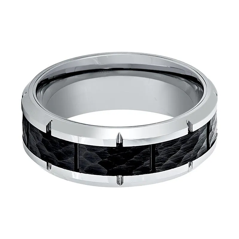 THYROS | Silver Tungsten Ring, Hammered, Notches, Beveled