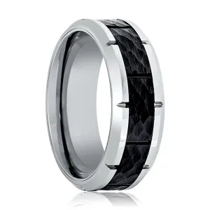 THYROS | Silver Tungsten Ring, Hammered, Notches, Beveled