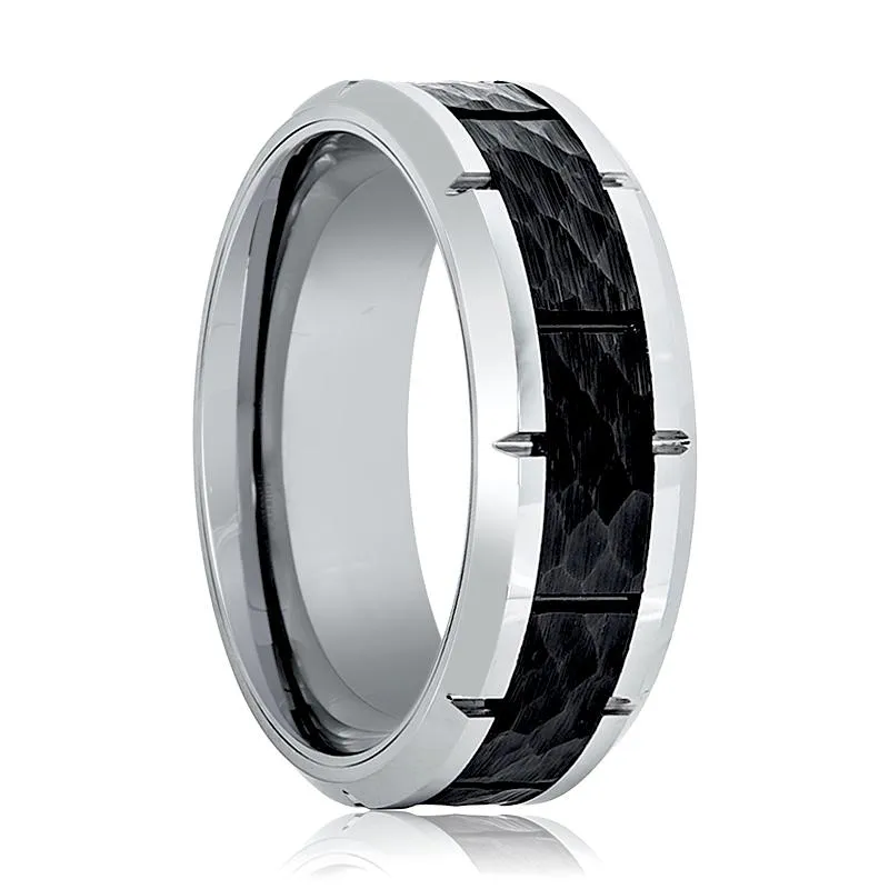 THYROS | Silver Tungsten Ring, Hammered, Notches, Beveled