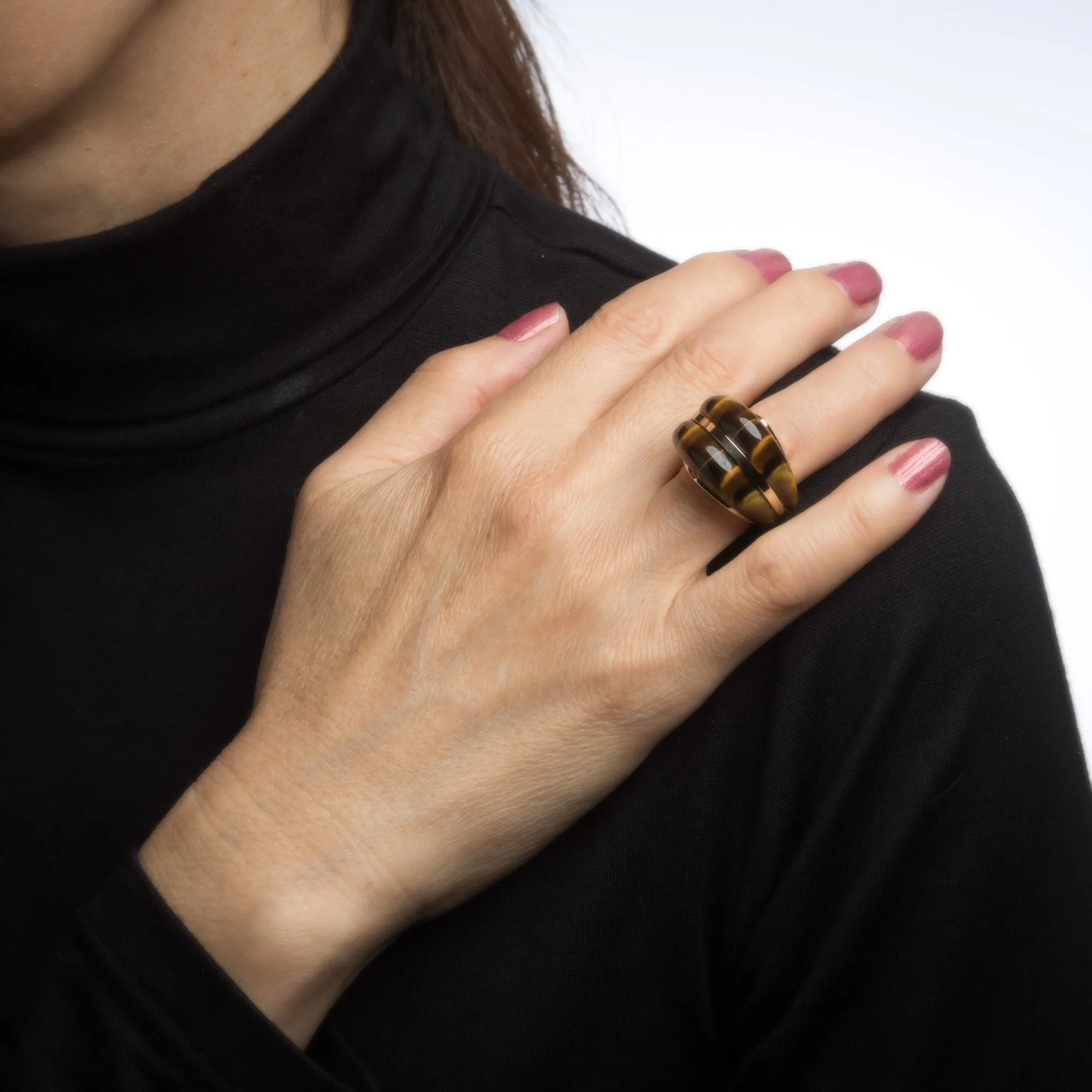Tigers Eye Ring 70s Vintage High Dome 14k Yellow Gold Estate Jewelry Fine Sz 5