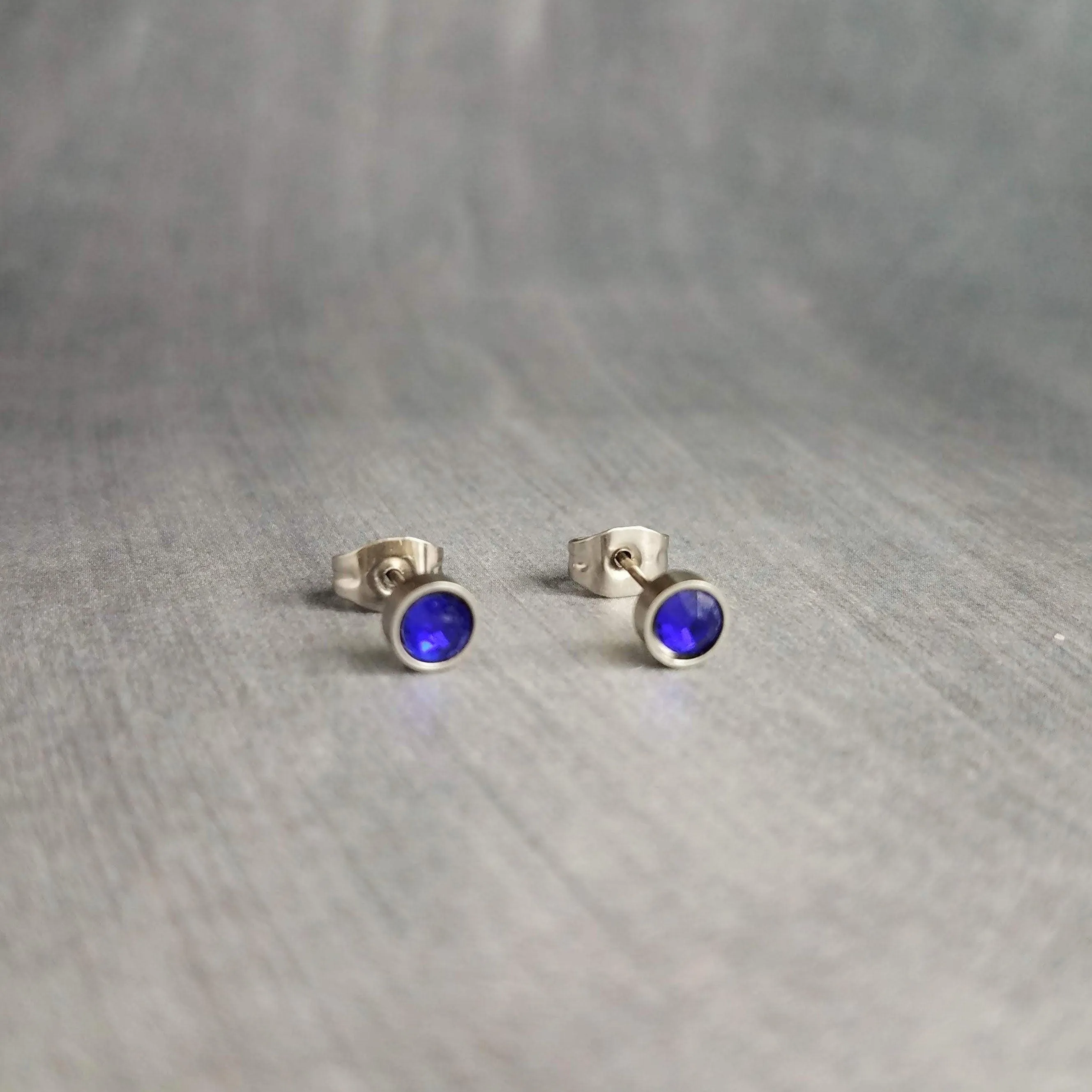 Tiny Silver Stud Earrings, cobalt blue stud, blue purple earring, stainless steel studs, hypoallergenic earring, girls 5mm, small round