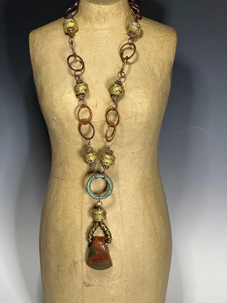 TORCHED COPPER, BRASS AND RED CREEK JASPER STATEMENT NECKLACE LCN880