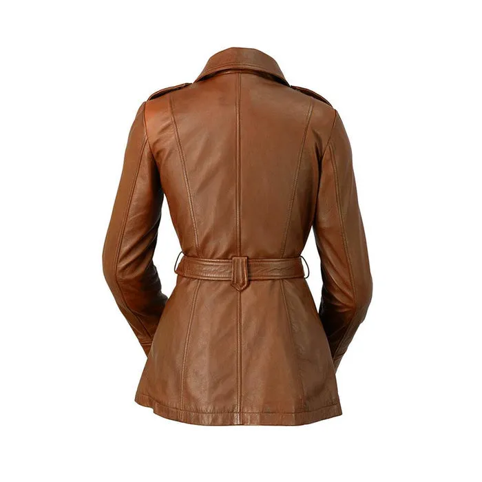 Traci - Women's Fashion Leather Trench Coat (Dark Cognac)
