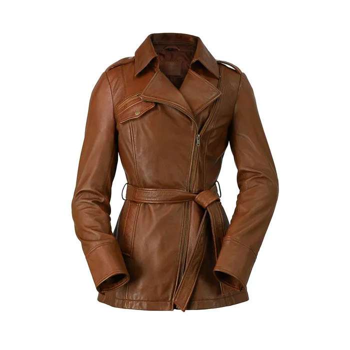 Traci - Women's Fashion Leather Trench Coat (Dark Cognac)