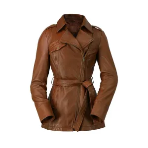 Traci - Women's Fashion Leather Trench Coat (Dark Cognac)