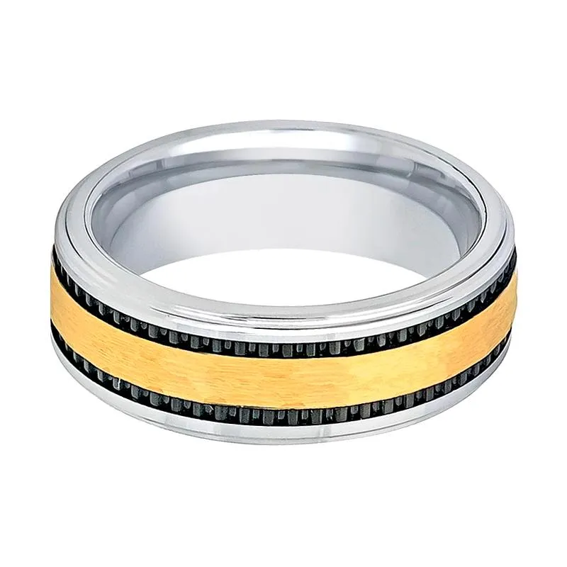 TREGAN | Silver Tungsten Ring, Gold Center, Two Black Grooved, Stepped Edge