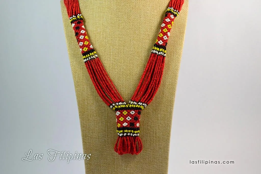 TRIBAL STATEMENT NECKLACE - Red Ethnic Mandaya Beaded Jewelry