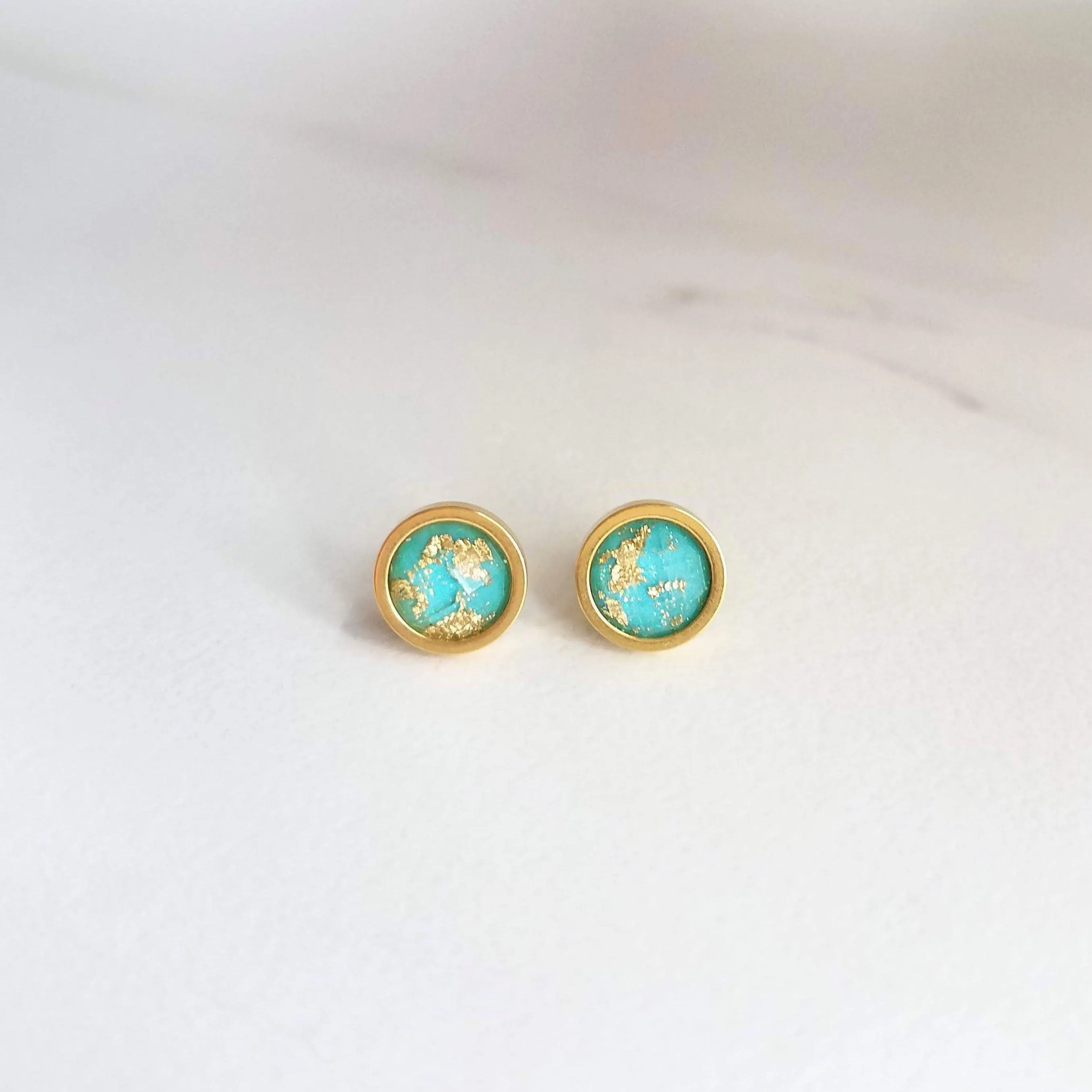 Turquoise Blue Stud Earrings, small gold leaf earrings, little gold studs, turquoise stud earrings, gold stainless steel stud gold foil stud