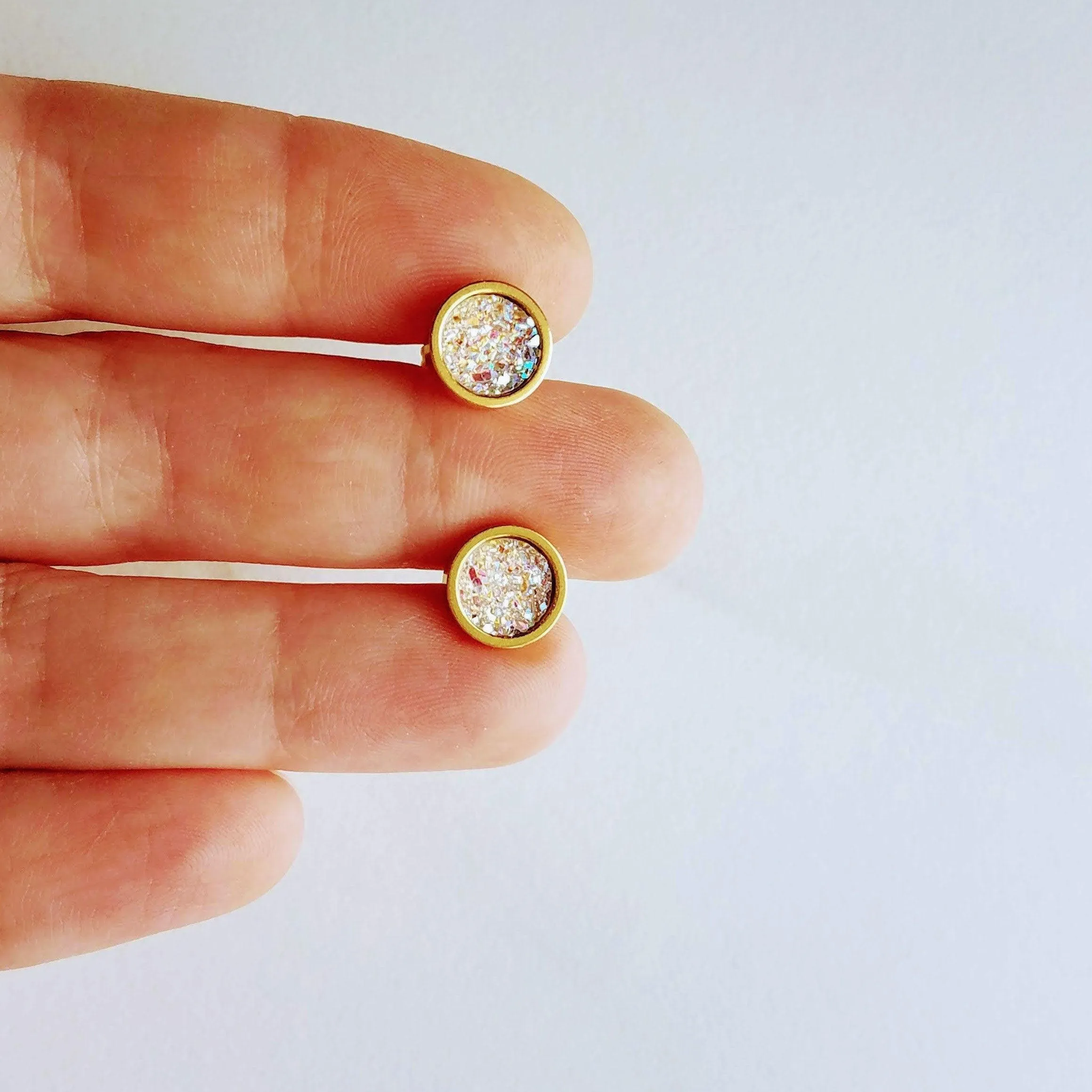 Turquoise Blue Stud Earrings, small gold leaf earrings, little gold studs, turquoise stud earrings, gold stainless steel stud gold foil stud
