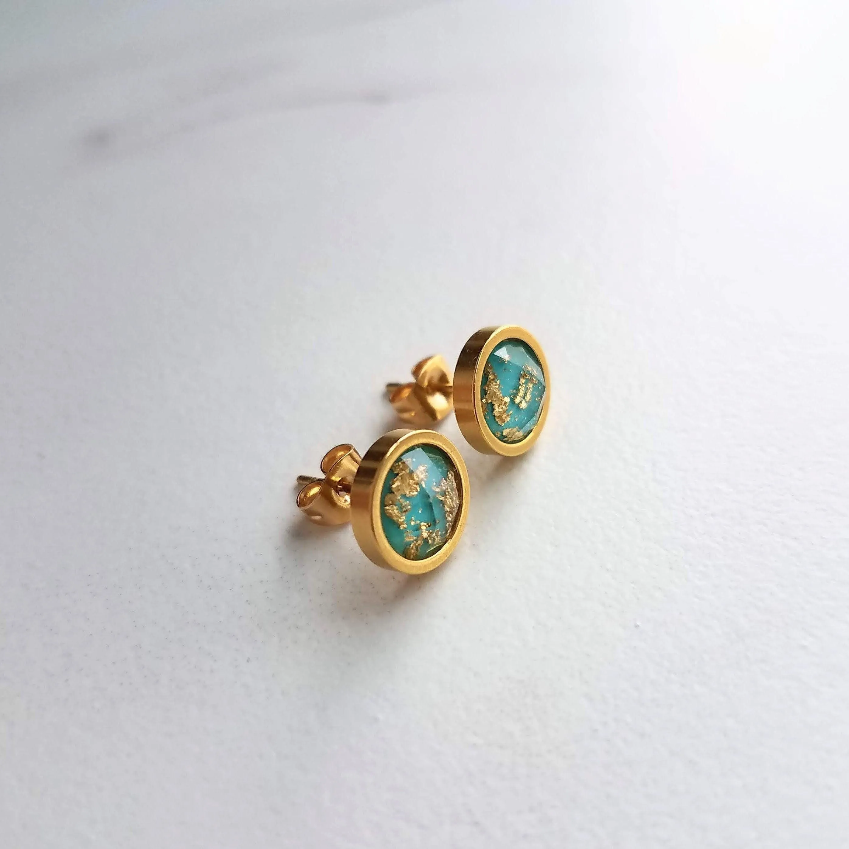 Turquoise Blue Stud Earrings, small gold leaf earrings, little gold studs, turquoise stud earrings, gold stainless steel stud gold foil stud