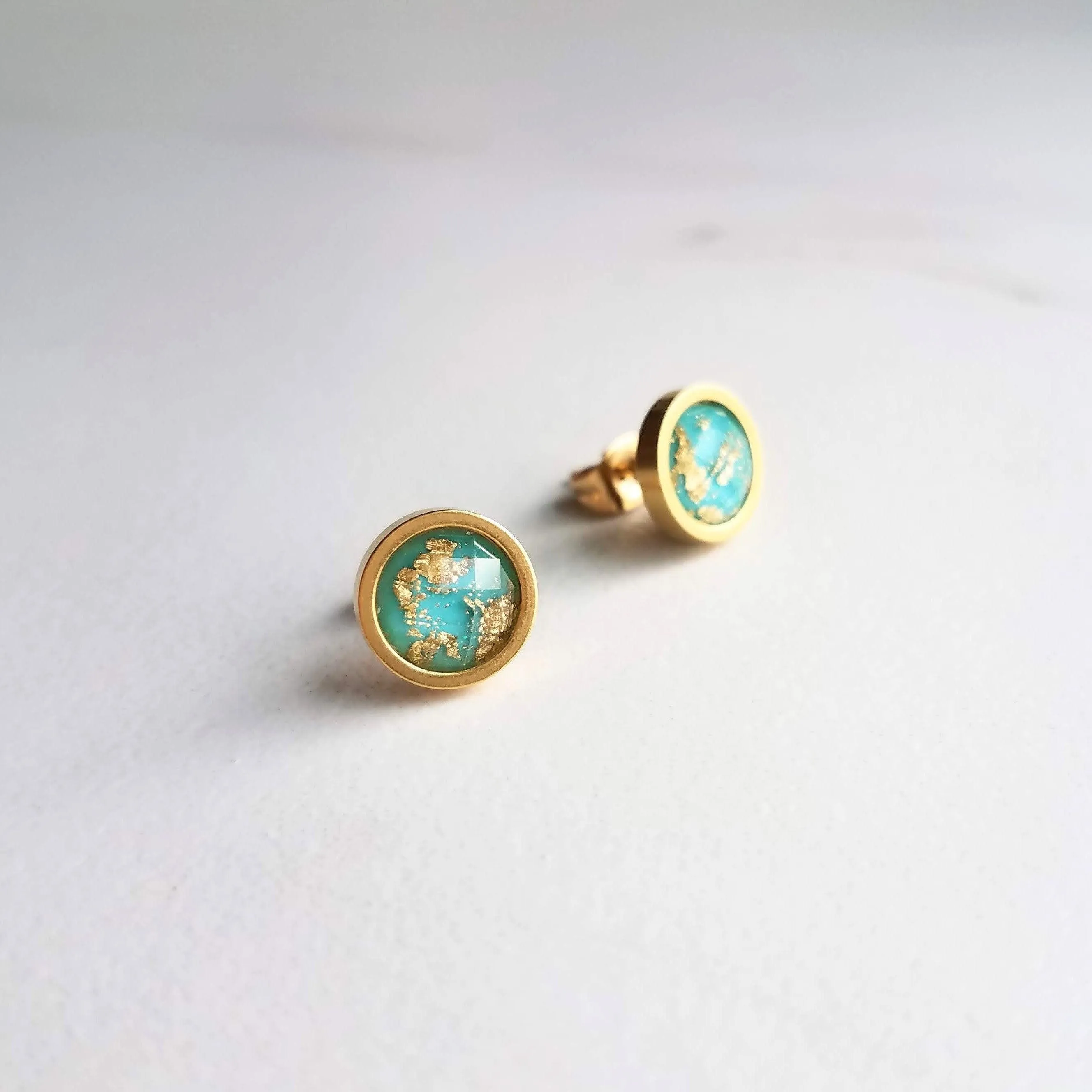 Turquoise Blue Stud Earrings, small gold leaf earrings, little gold studs, turquoise stud earrings, gold stainless steel stud gold foil stud