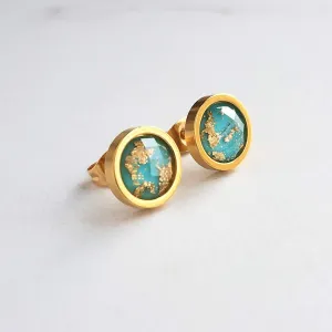 Turquoise Blue Stud Earrings, small gold leaf earrings, little gold studs, turquoise stud earrings, gold stainless steel stud gold foil stud