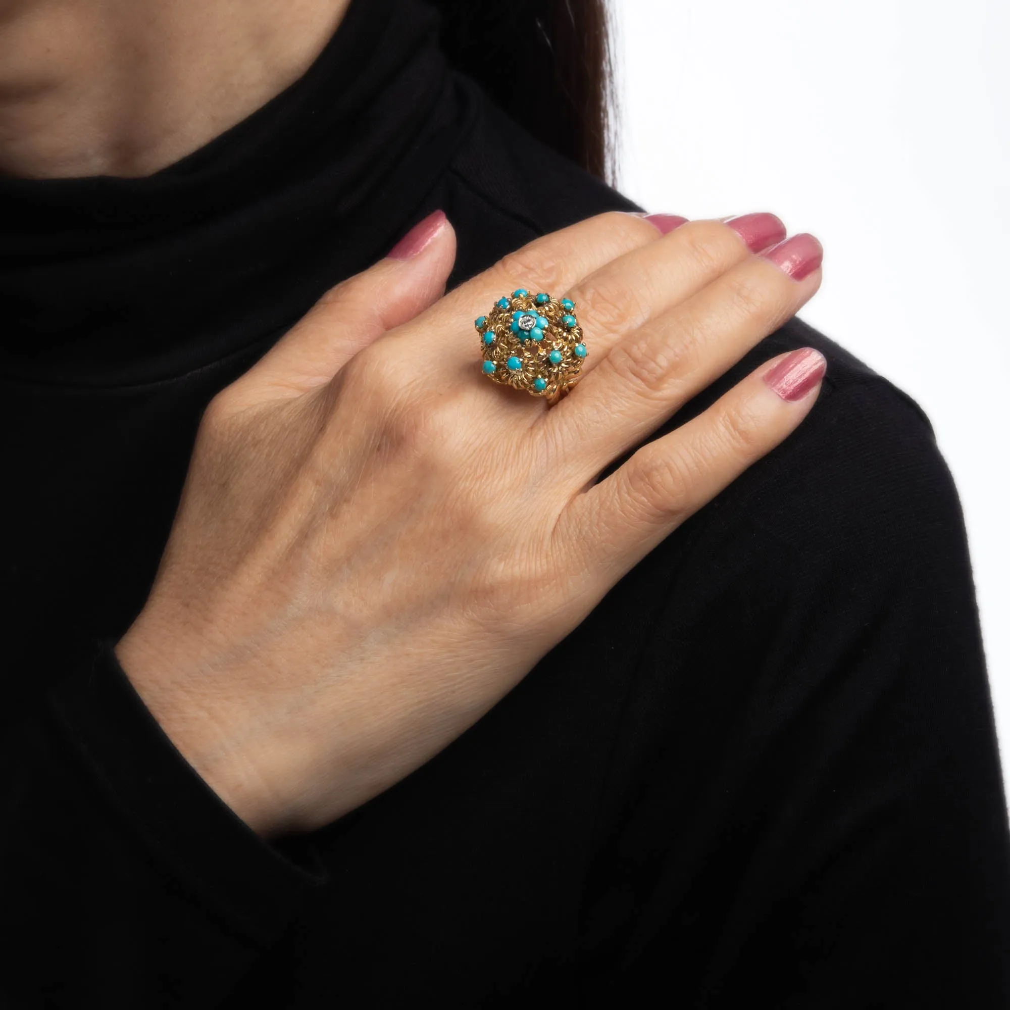 Turquoise Diamond Cluster Ring Vintage 18k Yellow Gold Large Dome Jewelry 7.5